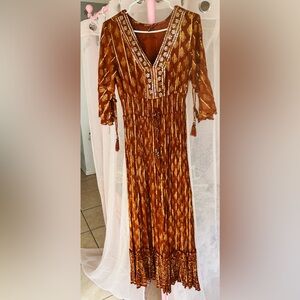 Rust Metallic Maxi Dress with Tassel Tie